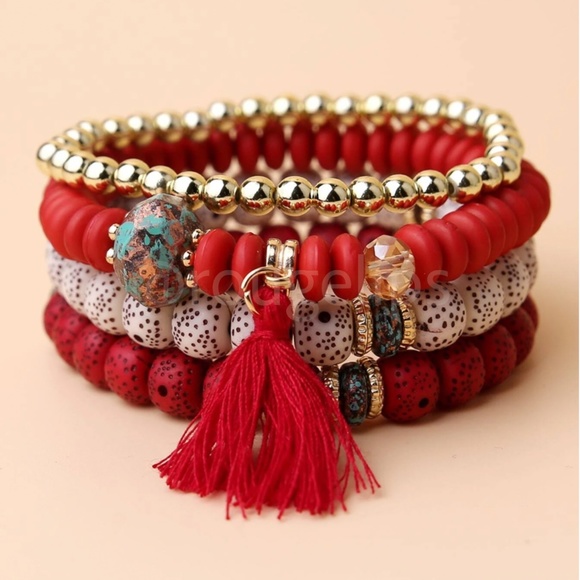 Rouge! Jewelry - 4 Pcs Multicolor Beaded Bracelet Tassel Charm Elastic Red, Gold, Cream